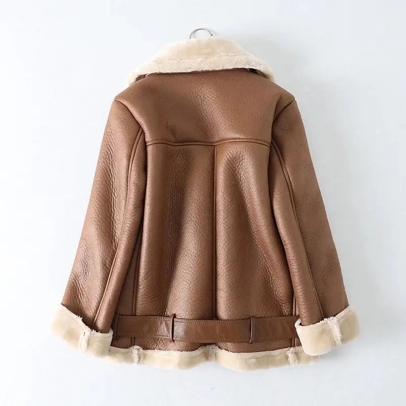 2024 winter women's clothing fashion locomotive version lapel fur integrated thickened thermal coat leather jacket