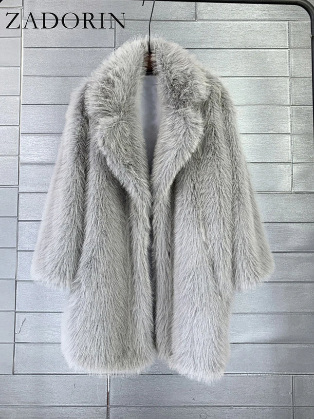 ZADORIN Winter Loose Faux Fur Jacket Women Furry Warm Lapel Mid Long Faux Fur Coat Luxury Fur Jackets for Women Coats Tops