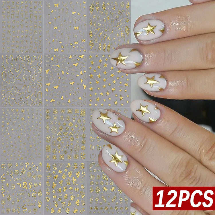 12Pcs 3D Rainbow Bowknot Star Geometry Lines Nail Stickers Love/Frame/Flower Self-Adhesive Nails Sliders 8*10cm Manicure Decals