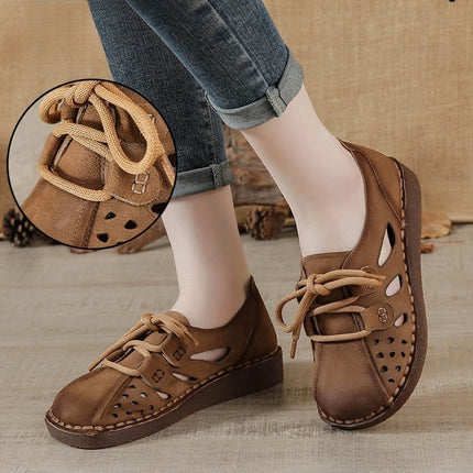 Women's Leather Slip-on Sandals 2026 New Style, Women's Thick Sole Sandals, Retro Mom Style Shoes with Holes, Women's Luxury Sandals