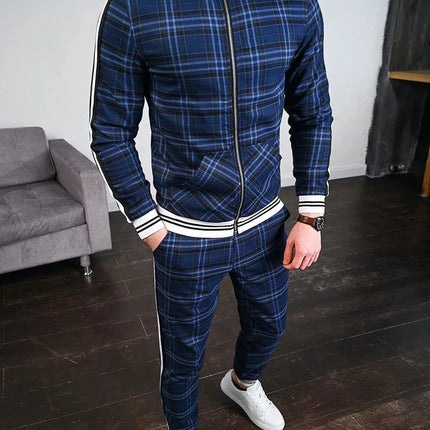 2025 Men Tracksuit 2pc Set Gym Hiking Plaid Zipper Hoodie Cargo Pants Autumn Athleisure Outfit Fleece Jogger Sportswear PlatiNum