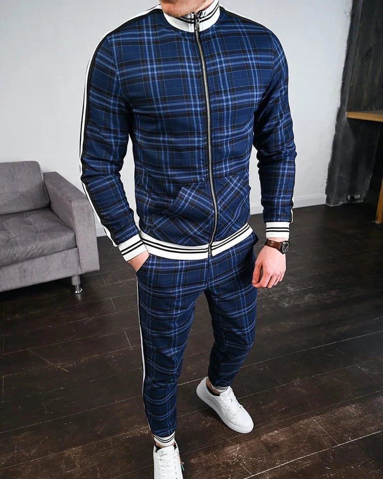 2025 Men Tracksuit 2pc Set Gym Hiking Plaid Zipper Hoodie Cargo Pants Autumn Athleisure Outfit Fleece Jogger Sportswear PlatiNum