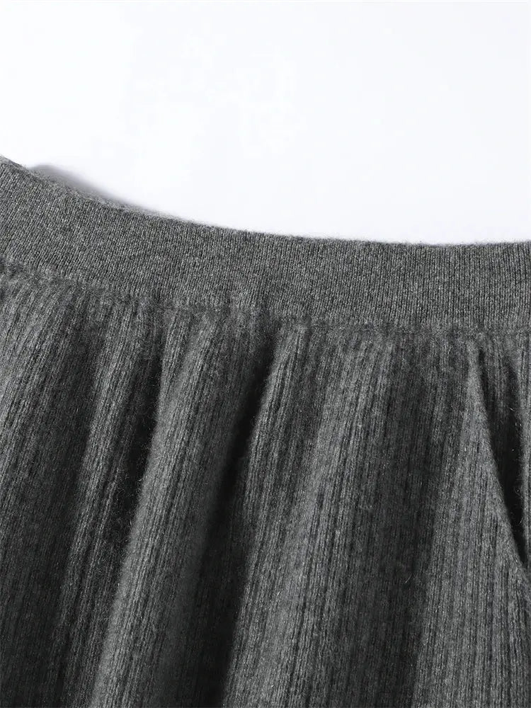 2025 Quality Woman 100% Cashmere Knitwear Thick Basic Skirts Autumn Winter Sexy Long A-Line Drawstring Vertical Stripe  Clothing PlatiNum