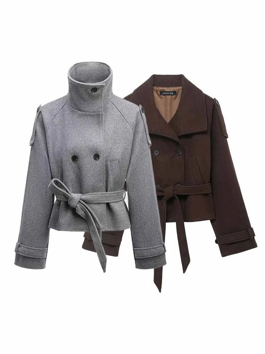 HH Woman Winter Fashion High Collar Long Sleeves Double Breasted Belt Short Coat Jacket Female Casual Versatile Commuting Jacket