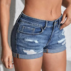 Women's Split Denim Shorts Summer Beach Wild Fashion Sexy Mid Waist Curled Cuff Perforated Elastic Slim Fit Casual Shorts PlatiNum