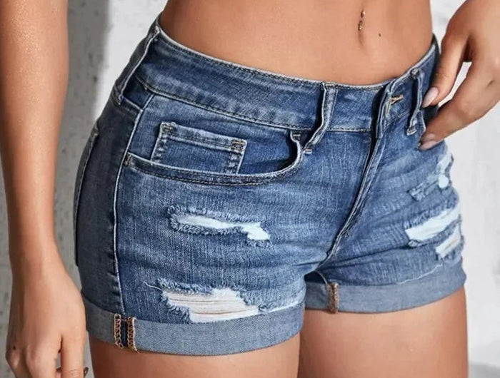 Women's Split Denim Shorts Summer Beach Wild Fashion Sexy Mid Waist Curled Cuff Perforated Elastic Slim Fit Casual Shorts PlatiNum
