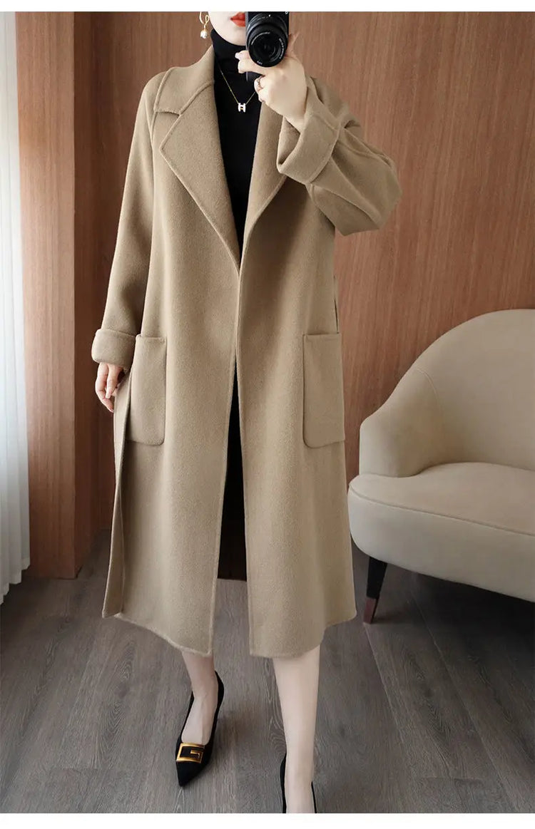 100% Wool Coat Women's Wear 2026 Autumn/Winter Fashion Temperament Double sided Cashmere Coats with Belt Elegant Long Overcoat