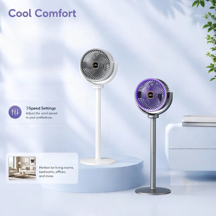 Ventilatore a piantana e da tavolo 2-in-1 moderno, circolatore d'aria a 5 velocità, flusso d'aria a spirale, altezza regolabile, per casa, camera da letto, ufficio