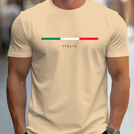 Men's Summer Short-Sleeved Sports T-Shirt with ITALY Print, Casual Loose Fashion Round Neck in Polyester Fabric