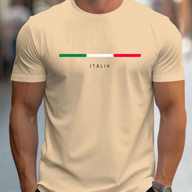 T-shirt sportiva a maniche corte con collo rotondo stampato con motivo ITALIA allentato casual alla moda in tessuto poliestere estivo da uomo