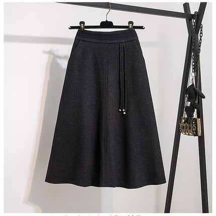 Thicken Woolen Skirt For Women Autumn Winter High Waist Loose A-Line Skirts Elegant Office Lady Mid-length Skirt PlatiNum