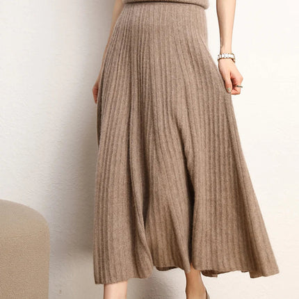 Women A-Line Pleated Skirt Cashmere High Waist Autumn Winter Large Umbrella Skirt 100% Cashmere Knitted Office Lady Casual Dress PlatiNum