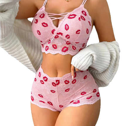 Women Sexy Lip Print Lingerie Set Hollow-out Lace Unlined Camisole Bra Thin Cup Wireless Sexy Bras and Sheer Panties