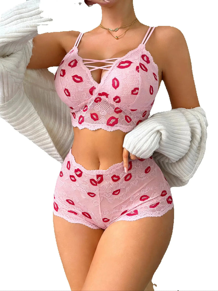 Women Sexy Lip Print Lingerie Set Hollow-out Lace Unlined Camisole Bra Thin Cup Wireless Sexy Bras and Sheer Panties