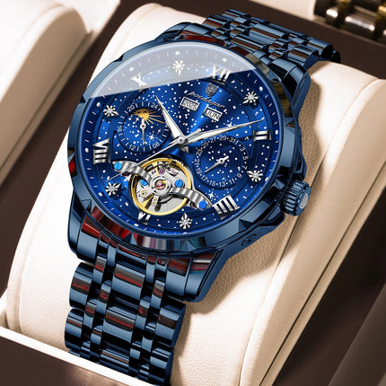 POEDAGAR Top Orologio da uomo originale Orologio meccanico automatico da uomo in acciaio inossidabile Calendario Hollow Tourbillon Orologio da uomo Maschio + scatola platinumshop