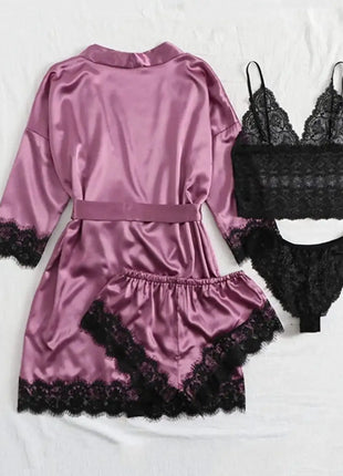 Pigiama da donna lussuoso con scollo a V in 4 pezzi camicia da notte sexy pizzo in raso halter accappatoio in raso di seta camicia da notte per la casa pigiama sexy per la casa platinumshop