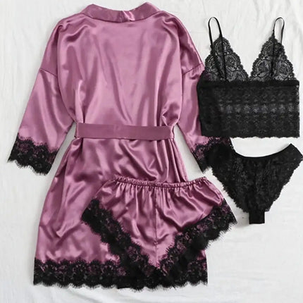 Pigiama da donna lussuoso con scollo a V in 4 pezzi camicia da notte sexy pizzo in raso halter accappatoio in raso di seta camicia da notte per la casa pigiama sexy per la casa platinumshop