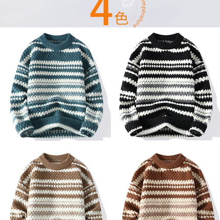 Winter Men's Loose Pullover Male Slim Fit Fashion Knitted Sweater Man Thick Warm Pull Homme Retro Stripe Sweaters