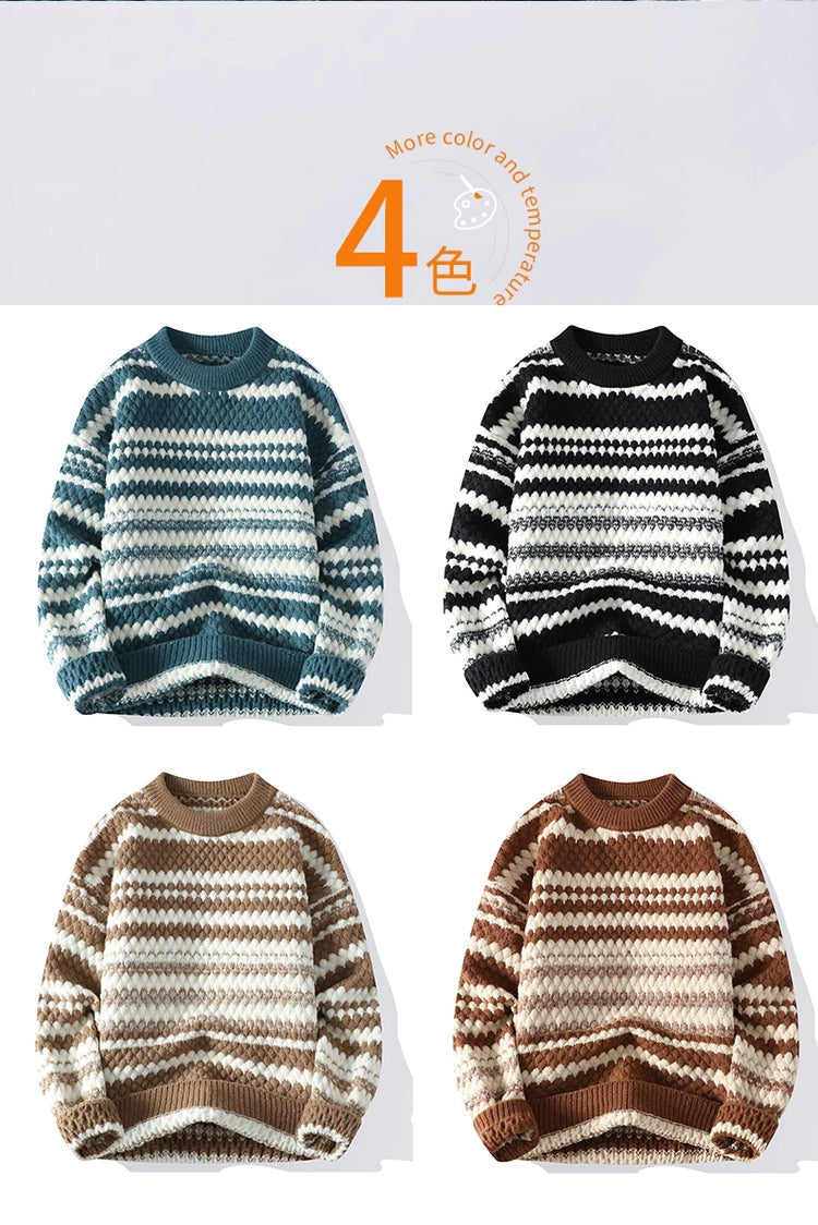 Winter Men's Loose Pullover Male Slim Fit Fashion Knitted Sweater Man Thick Warm Pull Homme Retro Stripe Sweaters