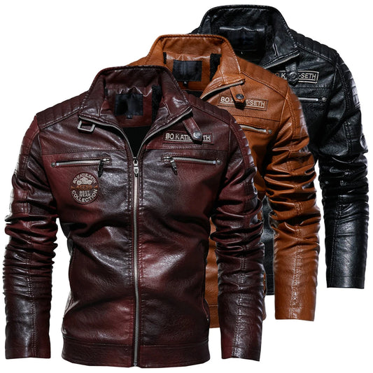 2023 Leather Jacket Men Winter Fleece Motorcycle Faux Leather Jacket Removable Fur Collar Windbreaker Ropa De Hombre Slim Coat Maroon