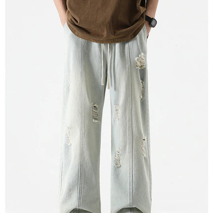 Jeans strappati estivi da uomo Gamba dritta ampia Retro da uomo Disegna corda Porta Pantaloni casual tutto-fiammifero di marca di moda