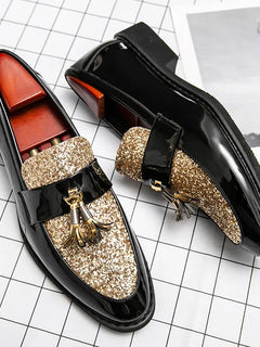 Mocassini di Lusso da Uomo con Tacco Basso, Slip-on Casual in Pelle Dorata, Scarpe da Festa con Nappe, Scarpe Eleganti da Uomo, Scarpe con Plateau da Uomo