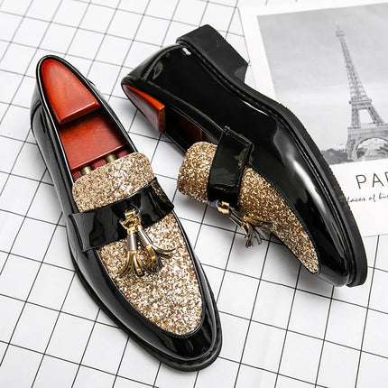 Mocassini di Lusso da Uomo con Tacco Basso, Slip-on Casual in Pelle Dorata, Scarpe da Festa con Nappe, Scarpe Eleganti da Uomo, Scarpe con Plateau da Uomo