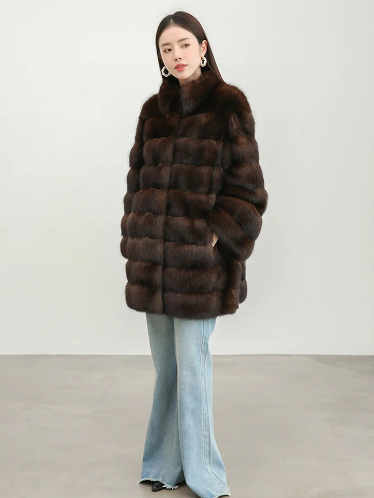 ZADORIN Luxury Winter Mink Coat Woman Stand Collar Long Brown Faux Fur Coat Woman Chic Warm Fluffy Jacket Fur Faux Coats Jackets