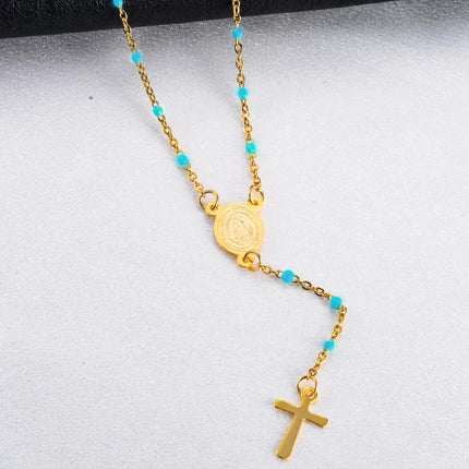 Gesù Croce in Acciaio Inossidabile Rosario Cristiano Cattolico Religioso Larghezza 1.5mm Smalto Satellite Perline Cavo Collana a Catena a Maglia PlatiNum
