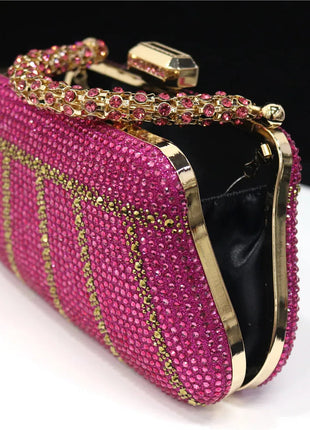 Popular In Nigeria Exquisite Evening Bags With Diamond Design Fashion Handle Clutch Rhinestone Embellished Long Chain Bag PlatiNum