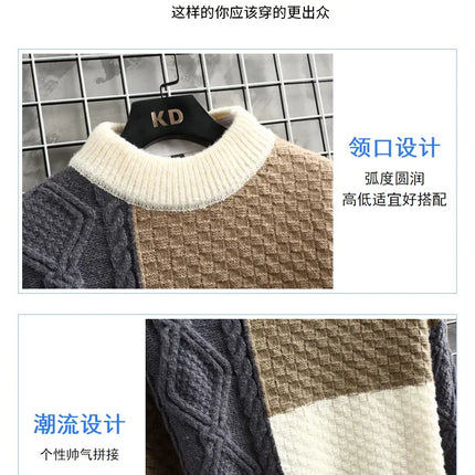 Fashion Mens Warm Knitted Sweaters Patchwork O Neck Knit Pullovers Autumn Winter Korean Streetwear Pullover Casual Mens Clothing