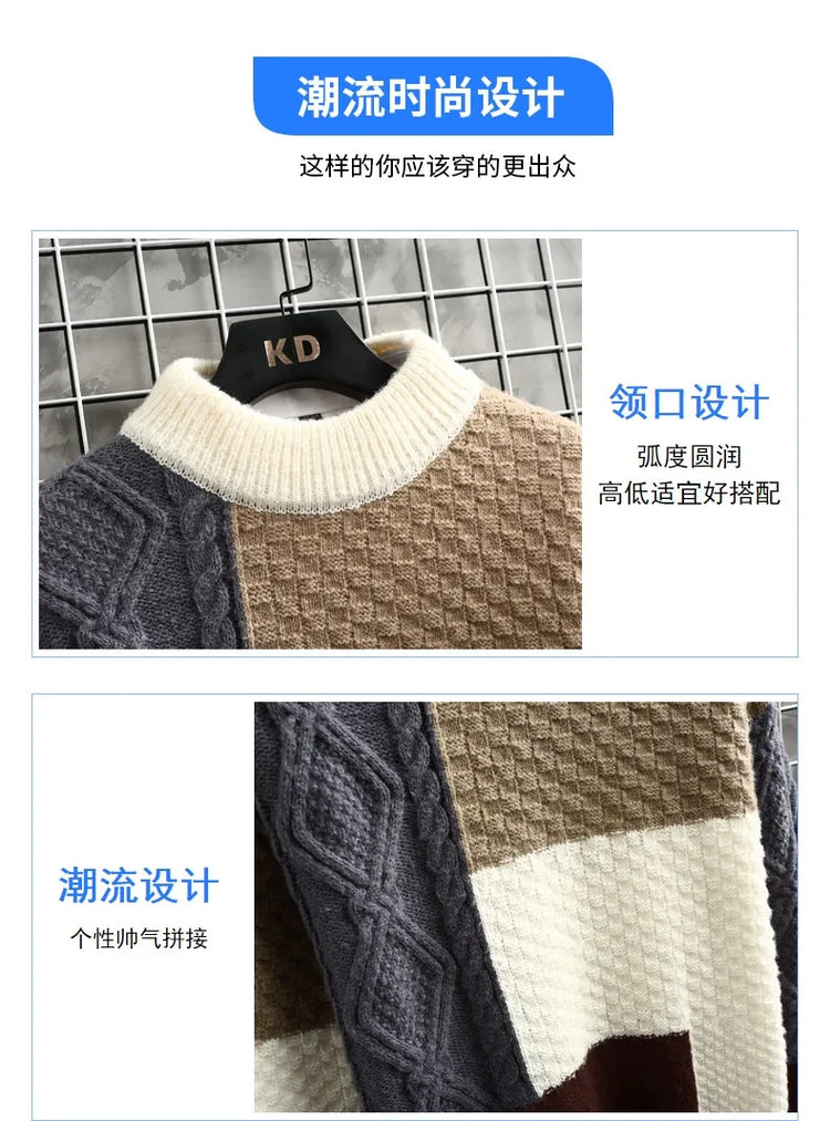 Fashion Mens Warm Knitted Sweaters Patchwork O Neck Knit Pullovers Autumn Winter Korean Streetwear Pullover Casual Mens Clothing