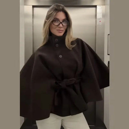 Women's Elegant Midi Cape Coat with Stand Collar Three Quarter Flared Sleeves Solid Color Belted Loose Fit Poncho For Woman