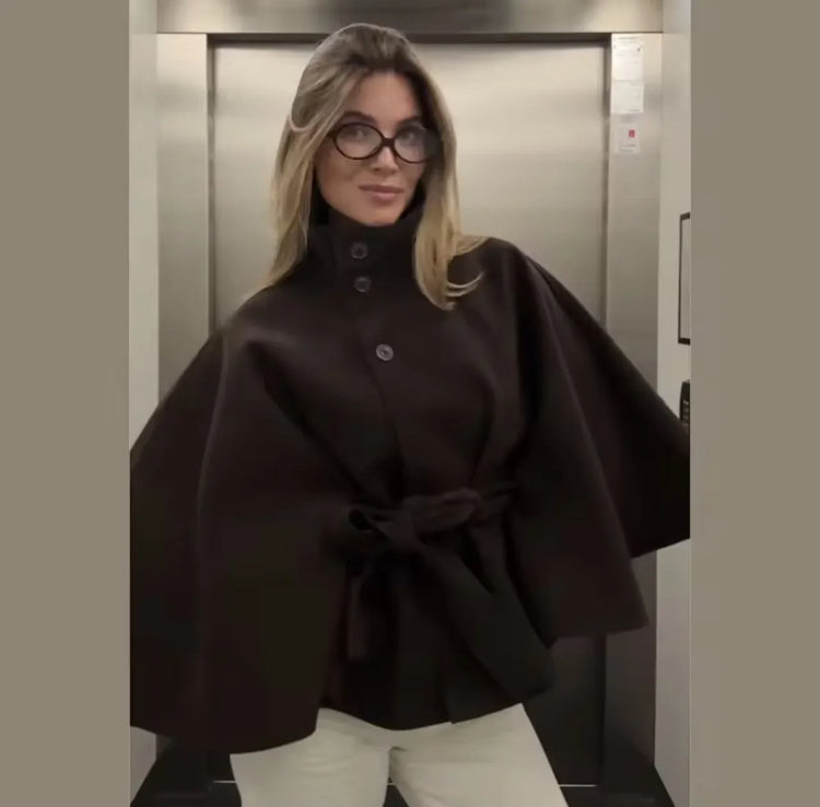 Women's Elegant Midi Cape Coat with Stand Collar Three Quarter Flared Sleeves Solid Color Belted Loose Fit Poncho For Woman