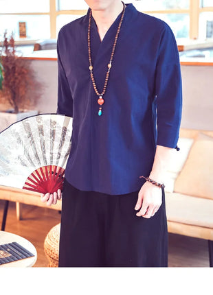 Kimono estivo stile giapponese manica corta uomo nuovo cotone a mezza manica lino traspirante abbigliamento uomo t-shirt giapponese Yukata top