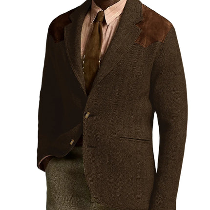 Herringbone Tweed Men's Blazer Jacket Wool Blend Suede Patch Shoulder Men's Sport Coat Business Casual Slim Fit For Oktoberfest