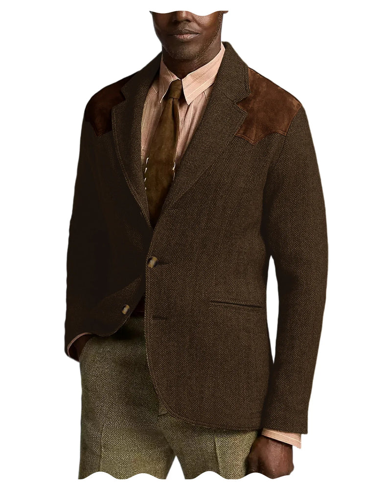 Herringbone Tweed Men's Blazer Jacket Wool Blend Suede Patch Shoulder Men's Sport Coat Business Casual Slim Fit For Oktoberfest