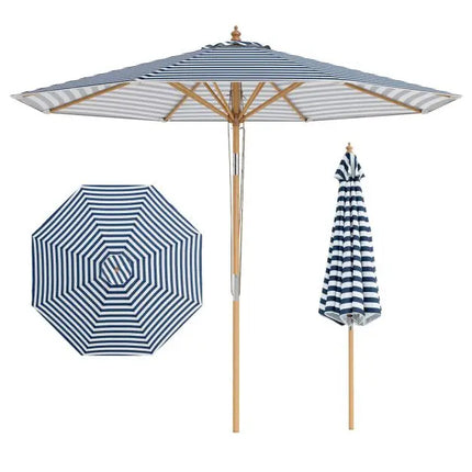 Bamboo Patio Umbrella with Push Button, Polyester Canopy, 8 Rustic Bamboo Ribs, Wind Resistant, Outdoor Sunshade for Garden, Poolside, Beach