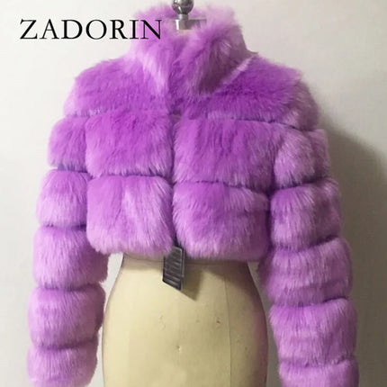 ZADORIN Fashion Cropped Faux Fur Coat Woman Warm Stand Fur Collar Slim Fluffy Fur Jacket Woman Tops Winter Fur Coats Streetwear