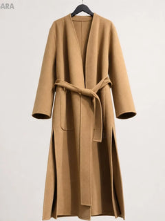 High Quality Women's Autumn Winter New Double-Sided 100% Wool Coat Fashion Belt Long Sleeves Pockets Elegance Overcoats Ladies