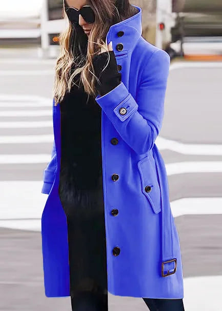 New Solid Color Button Long Wool Coat Autumn Warm Stand Collar Women Coat Fashion Ladies High Neck Pocket Belt Trench Coat