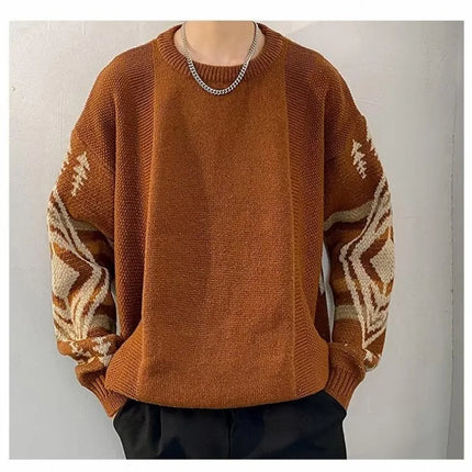 Autumn Men's Ethnic Style O-Neck Knitted Sweaters Y2K Vintage Streetwear Knitwear 2025 New Casual Pattern Printed pull homme