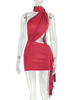 Women Solid Patchwork Backless Ruched Bodycon Mini Dress Ribbons Halter Scarf Slim Night Clubwear Party Dresses Y2K Streetwear
