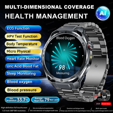 Nuovo Smartwatch 2026 con Analisi AI del Grasso Corporeo, ECG+PPG, Acido Urico, Pressione Sanguigna, Ossigeno nel Sangue, Chiamate, Schermo AMOLED per Uomini e Donne platinumshop