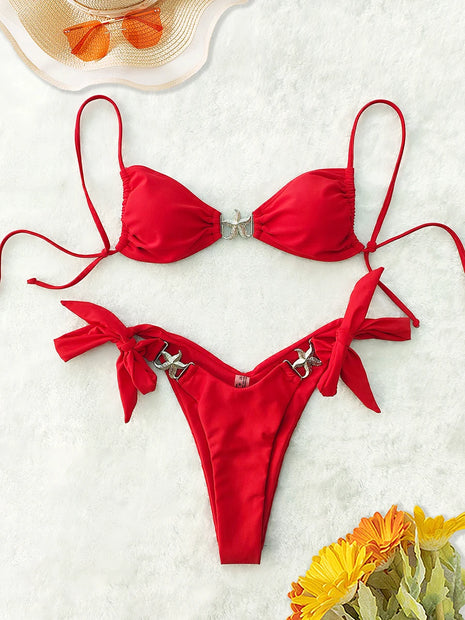 Costume da bagno bikini sexy push-up a vita bassa, nuovo modello 2026, da donna, con spalline, rosso tinta unita, per la spiaggia