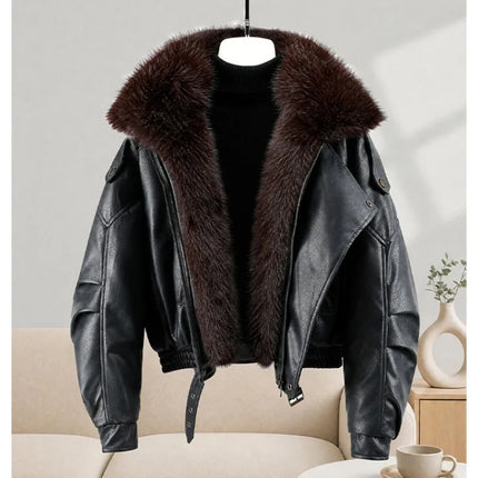 New Parkas Women Leather Jacket Big Fur Collar Tooling Cotton Jacket 2026 Winter Thicke Warm Cotton Padded Coat Female Outerwear