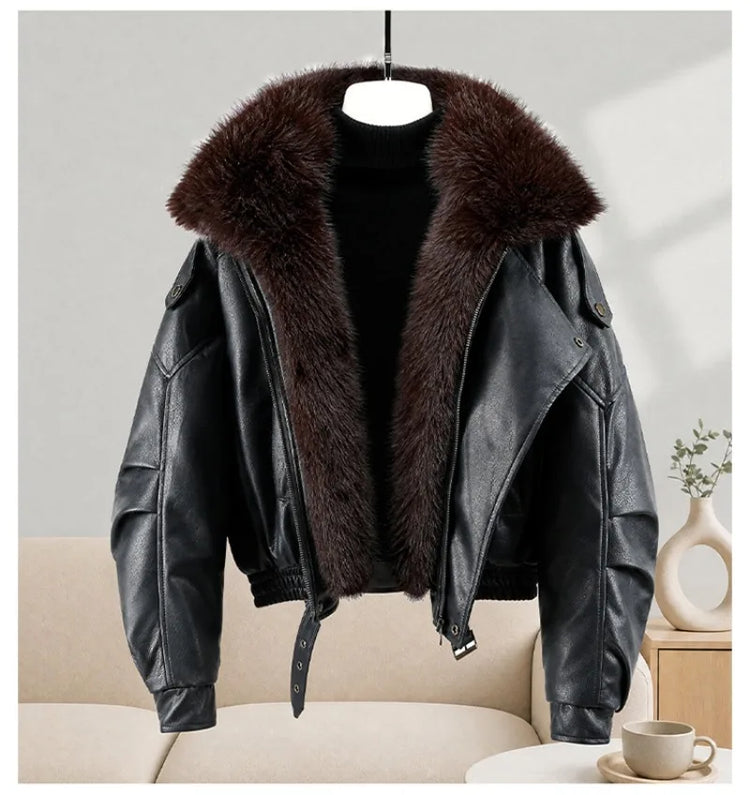 New Parkas Women Leather Jacket Big Fur Collar Tooling Cotton Jacket 2026 Winter Thicke Warm Cotton Padded Coat Female Outerwear