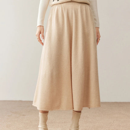 Women's 100% Pure Cashmere Skirt Autumn Winter Mid-calf A-line Knitted Full Skirt High Waist Soild Dress Elegant Basic High-end PlatiNum