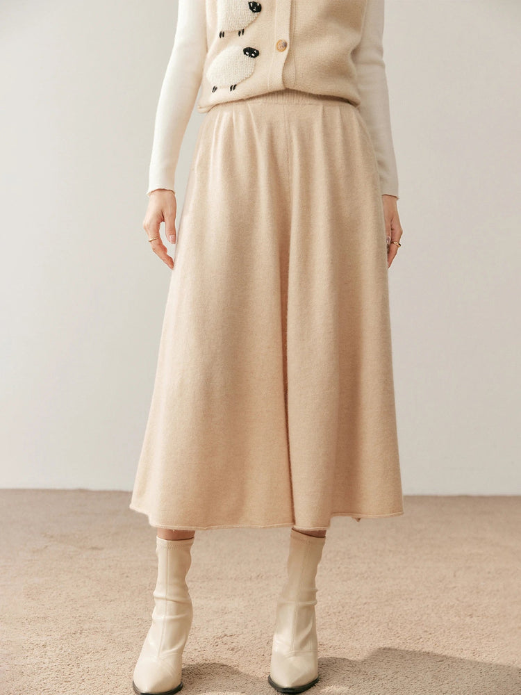 Women's 100% Pure Cashmere Skirt Autumn Winter Mid-calf A-line Knitted Full Skirt High Waist Soild Dress Elegant Basic High-end PlatiNum