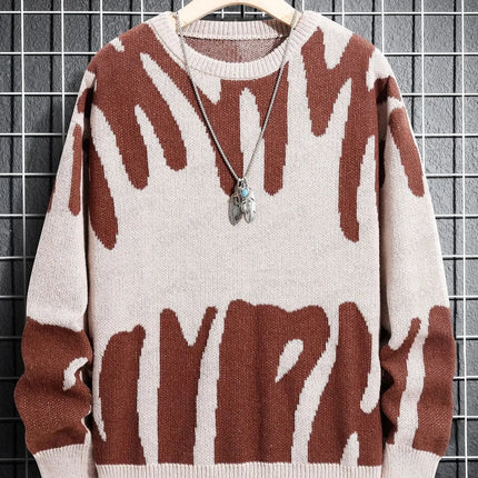New Popular Autumn Winter Irregular Jacquard Pattern Pullover Sweater Casual Round Neck Contrast Color Knitted Men's Pullover